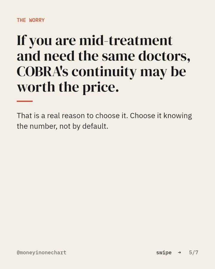 Slide 5 of 7: If you are mid-treatment and need the same doctors, COBRA's continuity may be worth the price.